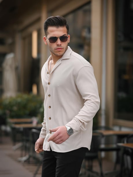 Fitilli Bowling Yaka Uzun Kollu Gömlek