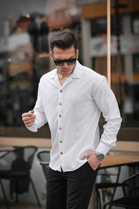 Fitilli Bowling Yaka Uzun Kollu Gömlek