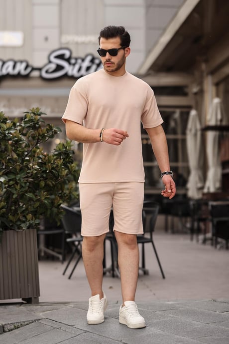 Fitilli Oversize T-Shirt Şort Takım - Bej