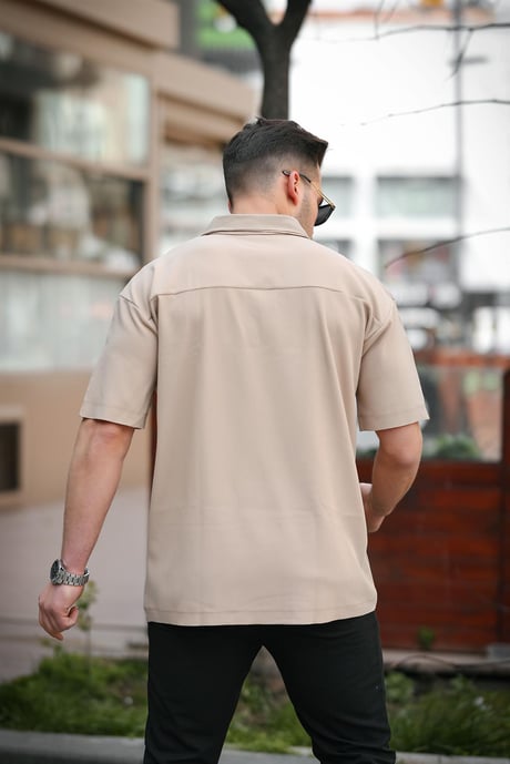 Fitilli Yarım Fermuar Oversize T-shirt - Bej