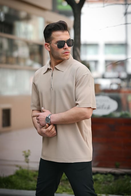 Fitilli Yarım Fermuar Oversize T-shirt - Bej