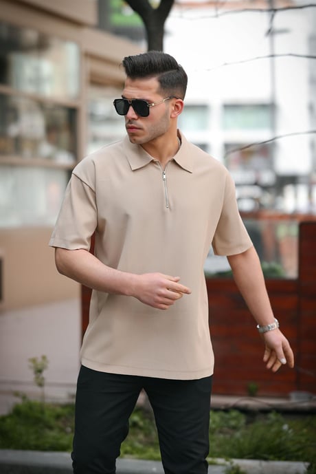 Fitilli Yarım Fermuar Oversize T-shirt - Bej