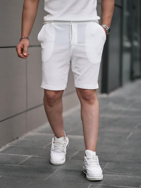 Gofret Desen Şort - Beyaz