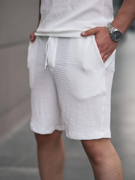 Gofret Desen Şort - Beyaz