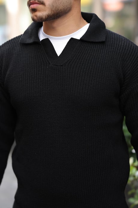 Gömlek Yaka Selanik Örgülü Erkek Triko Kazak - Siyah
