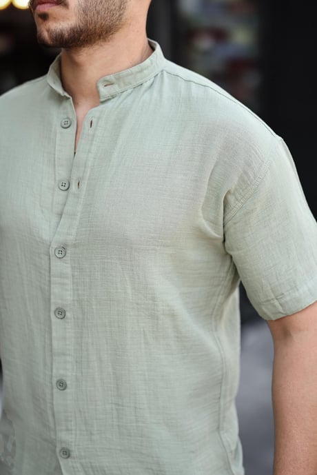 Hakim Yaka Müslin Kumaş Kısa Kol Gömlek - Açık Haki