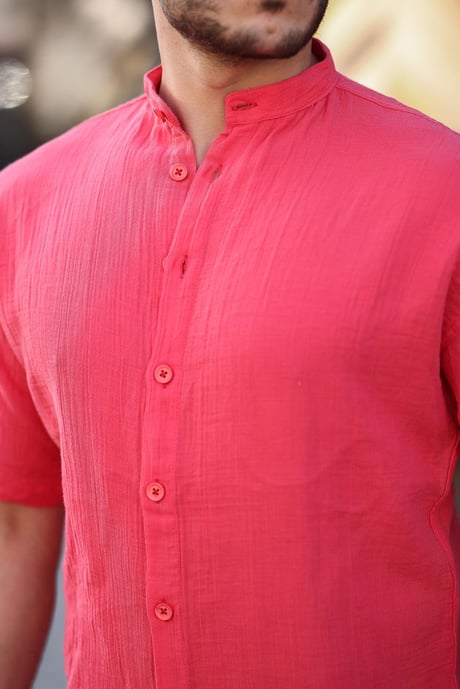 Hakim Yaka Müslin Kumaş Kısa Kol Gömlek - Nar