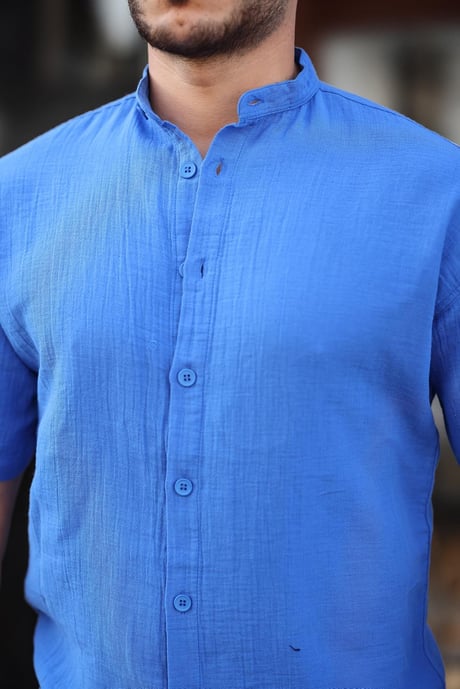 Hakim Yaka Müslin Kumaş Kısa Kol Gömlek - Parlement Mavi