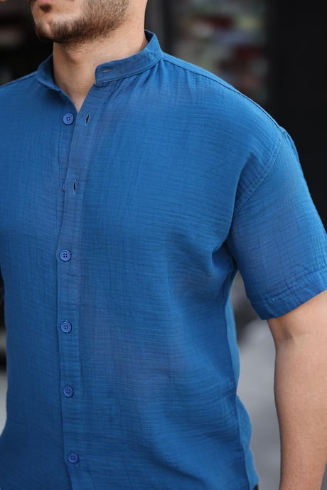 Hakim Yaka Müslin Kumaş Kısa Kol Gömlek - İndigo