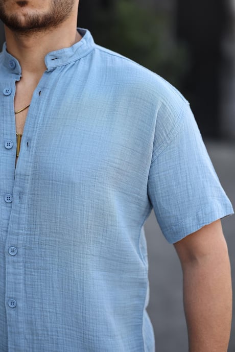 Hakim Yaka Müslin Kumaş Kısa Kol Gömlek - Soğuk Mavi