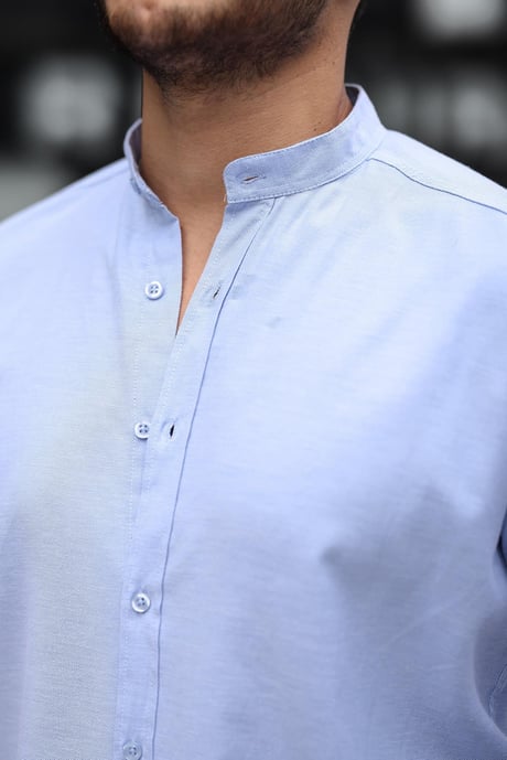 Hakim Yaka Oxford Kumaş Uzun Kol Gömlek - Mavi