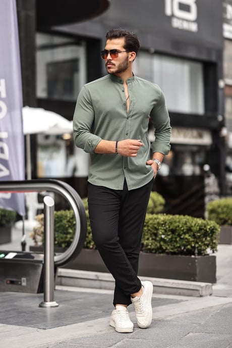 Hakim Yaka Oxford Kumaş Uzun Kol Gömlek - Haki