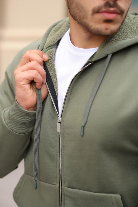 İçi Peluş Üç İp Kumaş Oversize Fermuarlı Kapüşonlu Sweatshirt- Avcı Yeşili