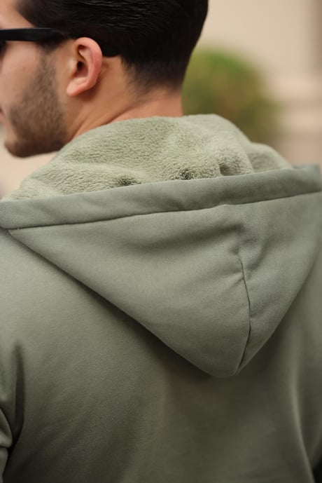 İçi Peluş Üç İp Kumaş Oversize Fermuarlı Kapüşonlu Sweatshirt- Avcı Yeşili