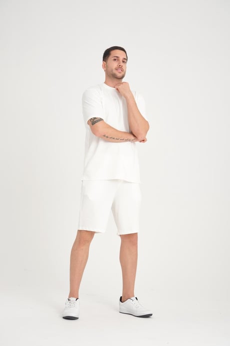 İki İplik Pamuklu Duble Kol Yırtmaçlı T-Shirt Şort Takım - Ekru