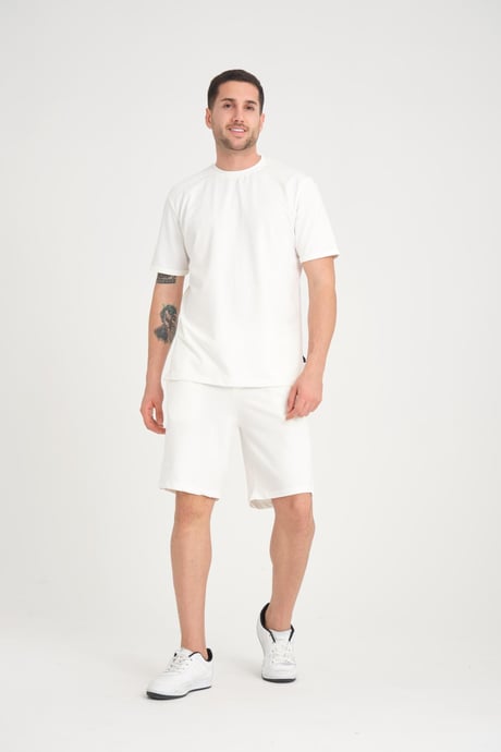 İki İplik Pamuklu Duble Kol Yırtmaçlı T-Shirt Şort Takım - Ekru