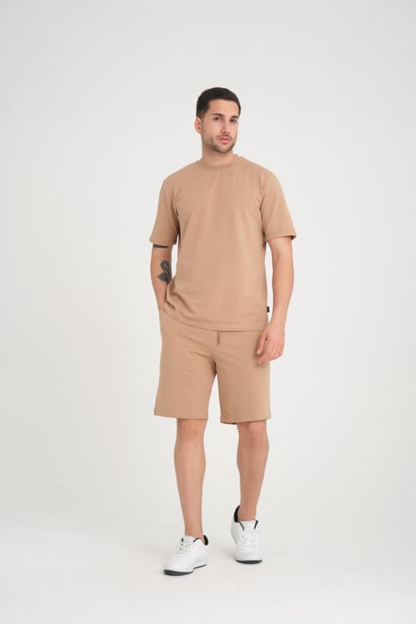 İki İplik Pamuklu Duble Kol Yırtmaçlı T-Shirt Şort Takım - Tiramisu
