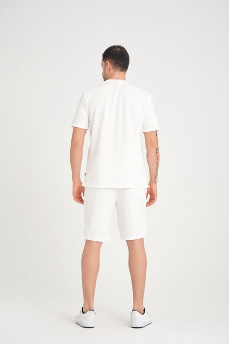 İki İplik Pamuklu Duble Kol Yırtmaçlı T-Shirt Şort Takım - Ekru