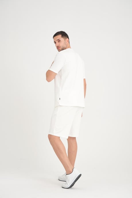 İki İplik Pamuklu Duble Kol Yırtmaçlı T-Shirt Şort Takım - Ekru