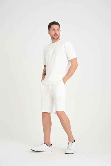 İki İplik Pamuklu Duble Kol Yırtmaçlı T-Shirt Şort Takım - Ekru