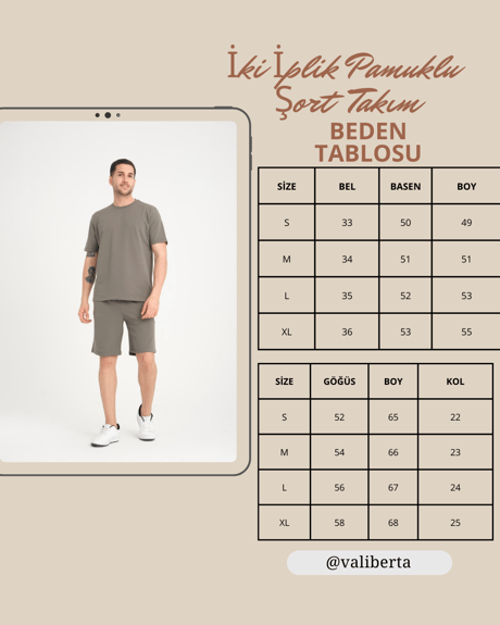 İki İplik Pamuklu Duble Kol Yırtmaçlı T-Shirt Şort Takım - Ekru