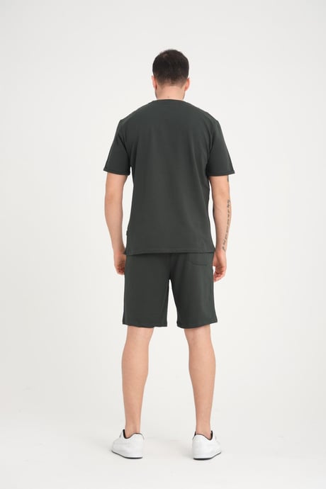 İki İplik Pamuklu Duble Kol Yırtmaçlı T-Shirt Şort Takım - Çam Yeşili
