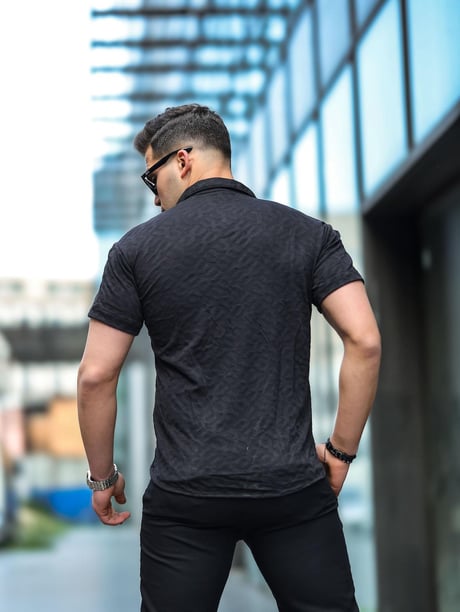 Jakarlı Çubuk Desenli Gömlek - Siyah