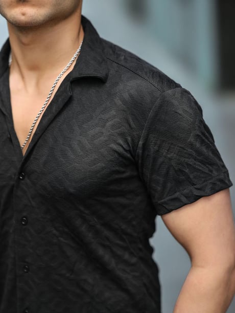 Jakarlı Çubuk Desenli Gömlek - Siyah