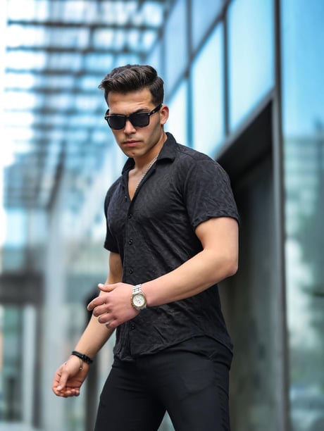 Jakarlı Çubuk Desenli Gömlek - Siyah