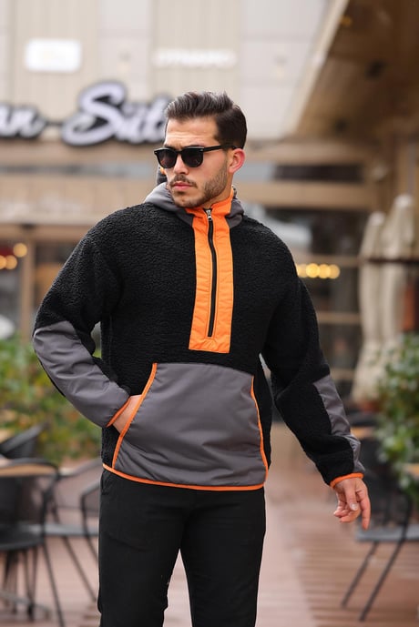 Kapüşonlu Kanguru Cepli Yarım Fermuar Peluş Sweatshirt - Siyah