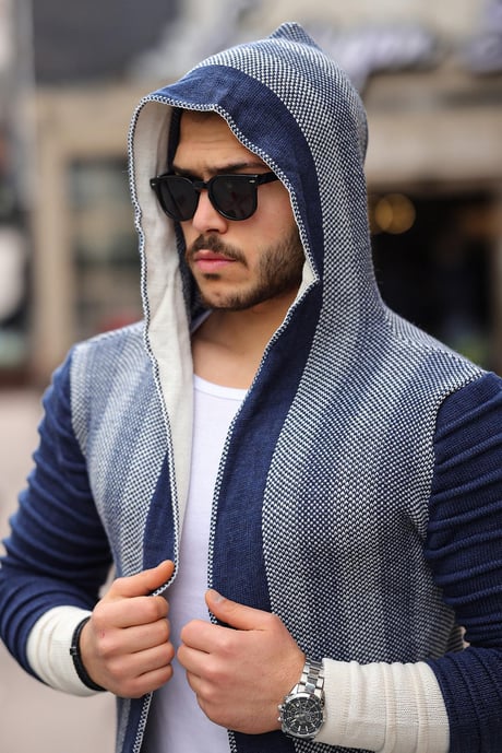 Kolları Desenli Panço Hırka - İndigo