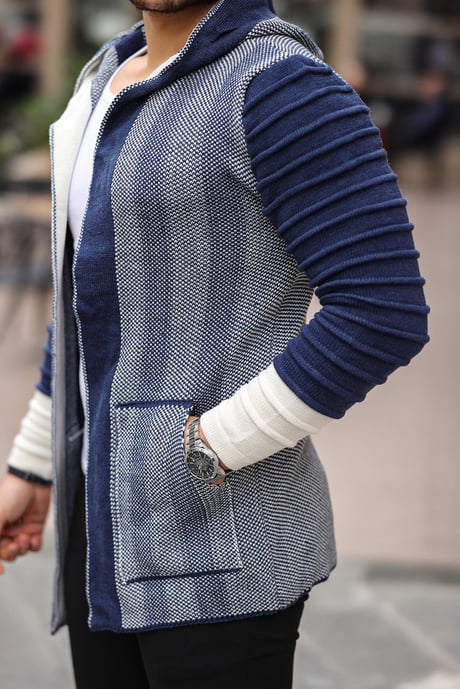 Kolları Desenli Panço Hırka - İndigo