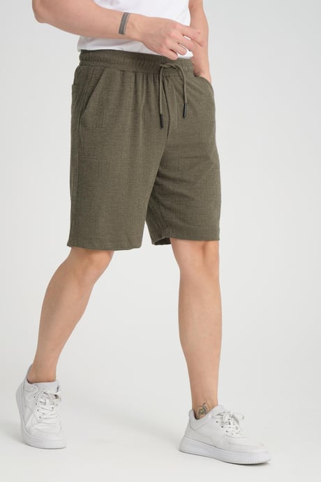 Likralı Örme Desenli Lastikli Şort - Haki