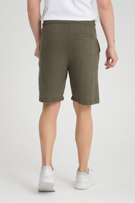 Likralı Örme Desenli Lastikli Şort - Haki