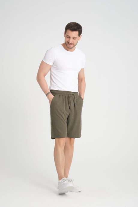 Likralı Örme Desenli Lastikli Şort - Haki