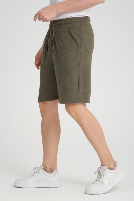 Likralı Örme Desenli Lastikli Şort - Haki