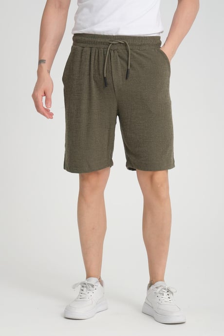 Likralı Örme Desenli Lastikli Şort - Haki