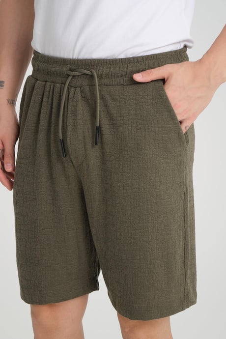 Likralı Örme Desenli Lastikli Şort - Haki