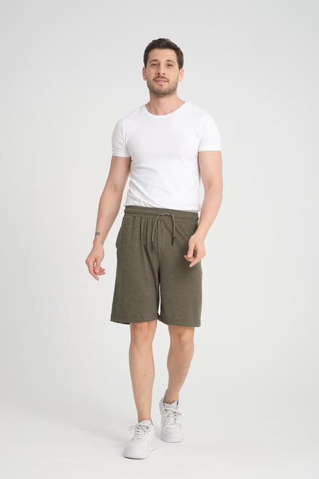 Likralı Örme Desenli Lastikli Şort - Haki