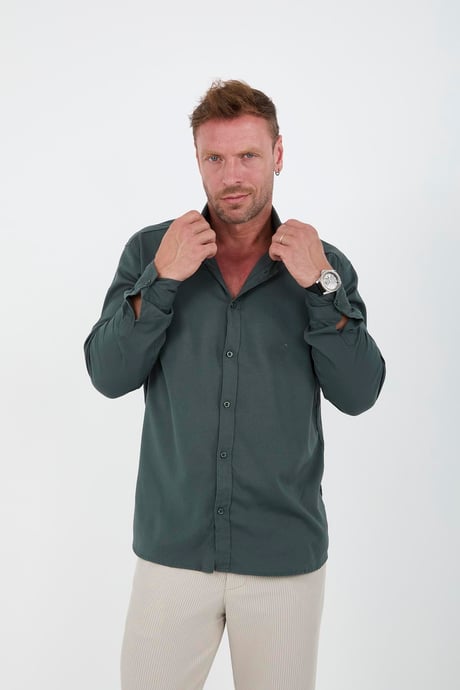 Likralı Regular Fit Nefes Alabilir Klasik Erkek Oxford Gömlek - Çam Yeşili