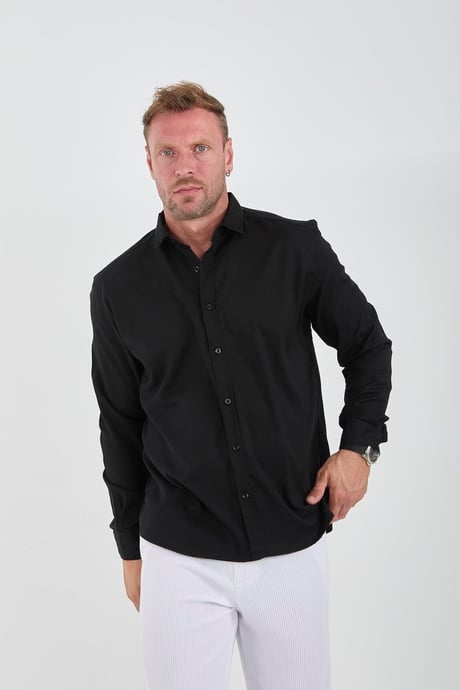 Likralı Regular Fit Nefes Alabilir Klasik Erkek Oxford Gömlek - Siyah