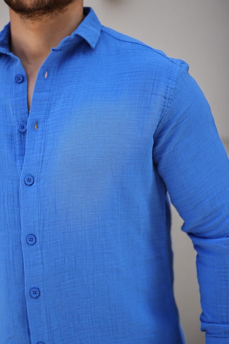 Müslin Kumaş Yakalı Uzun Kol Gömlek - Parlement Mavi