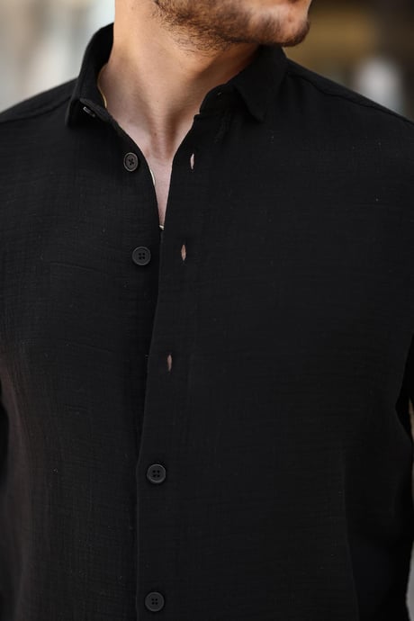 Müslin Kumaş Yakalı Uzun Kol Gömlek - Siyah