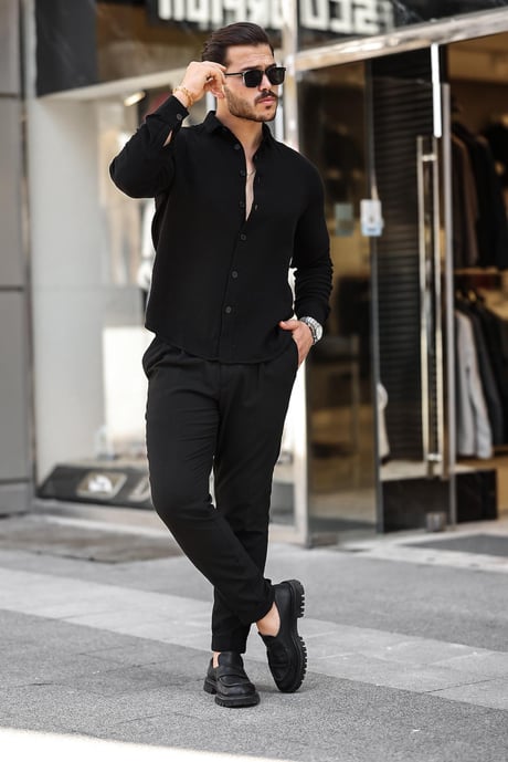 Müslin Kumaş Yakalı Uzun Kol Gömlek - Siyah