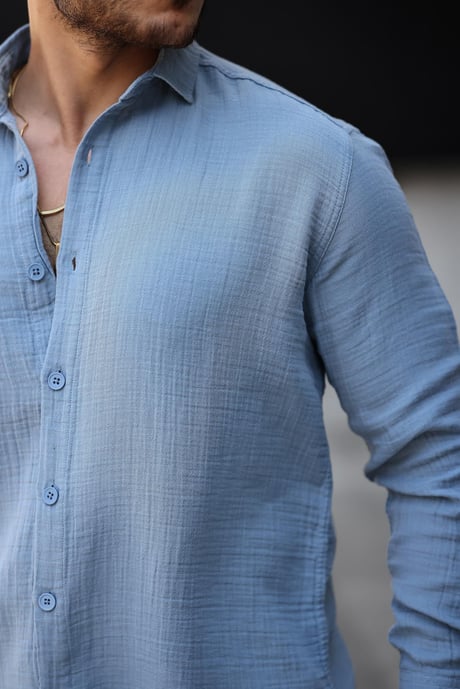 Müslin Kumaş Yakalı Uzun Kol Gömlek - Soğuk Mavi