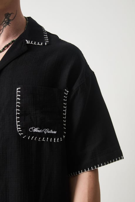 Nakış Detaylı Müslin Kumaş Erkek Takım Şort - Siyah