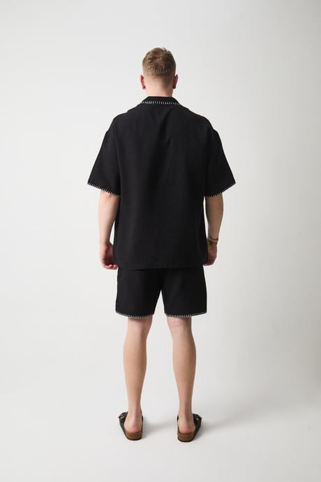 Nakış Detaylı Müslin Kumaş Erkek Takım Şort - Siyah