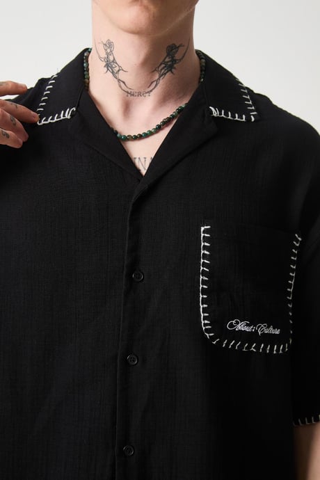 Nakış Detaylı Müslin Kumaş Erkek Takım Şort - Siyah