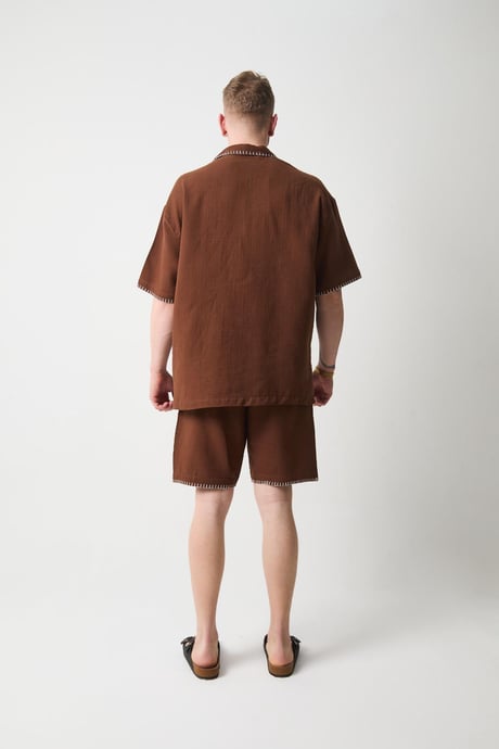 Nakış Detaylı Müslin Kumaş Erkek Takım Şort - Kahve