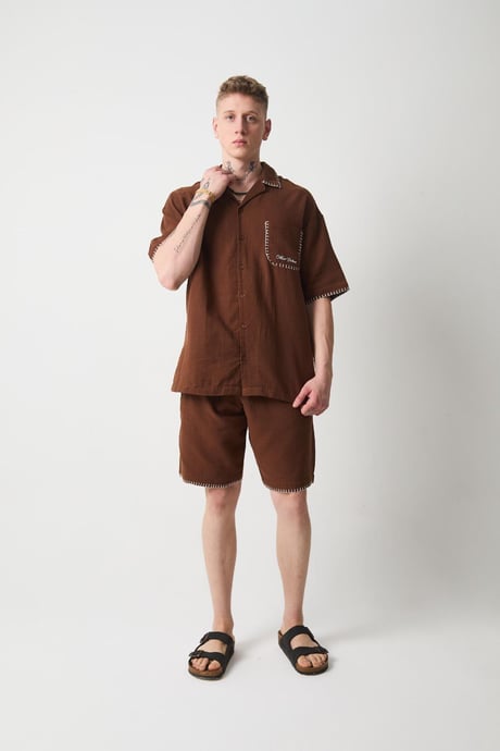 Nakış Detaylı Müslin Kumaş Erkek Takım Şort - Kahve